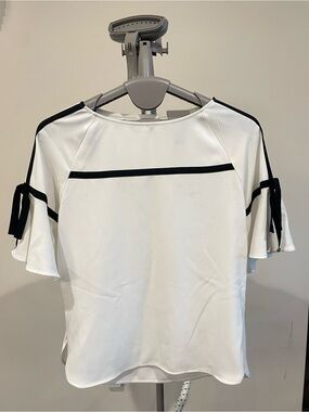 Calvin Klein White Short Sleeve Blouse with Black Stripe Accents
